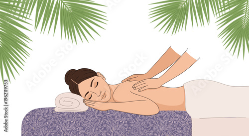 Peaceful scene of a woman enjoying a relaxing back massage at a spa with tropical palm leaves in the background.