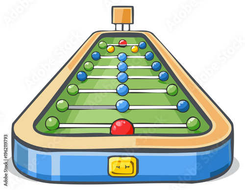 Cartoon tabletop soccer game with green field and colorful balls on white background