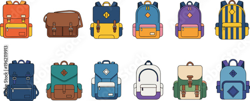 Collection of colorful backpack illustrations featuring diverse designs, colors, and styles including satchels and school bags, perfect for fashion, product cataloging, education