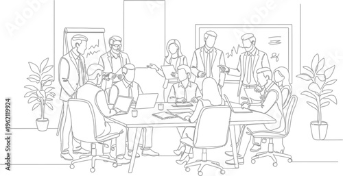 Line art illustration of a business meeting with multiple professionals collaborating around a conference table in an office setting.
