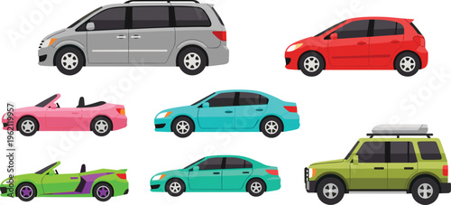 Collection of colorful car illustrations including minivan, compact, convertible, sedan, SUV, and sports vehicles, perfect for automotive design, education, comparison, and creative artwork projects.