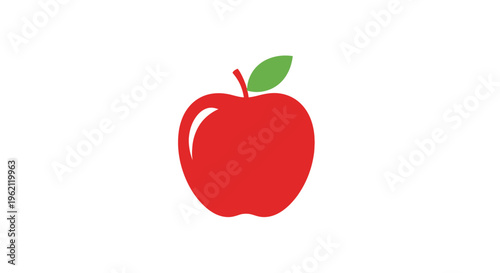 A vibrant illustration of a ripe red apple with a green leaf on a pristine white backdrop