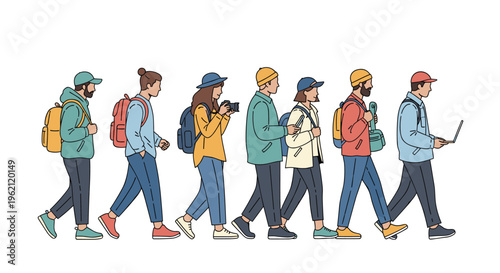 Line of diverse people walking in the same direction, including travelers, a musician, and someone with a laptop.