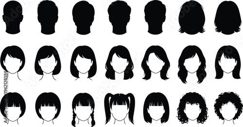 Collection of twenty‑four hairstyle silhouette illustrations featuring male and female cuts, including short, medium, ponytails, braids, curly styles, representing diverse hair fashion design