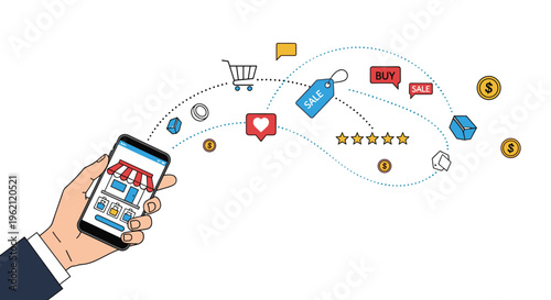Human hand holding a smartphone while digital icons for online shopping and e-commerce float around the mobile device.