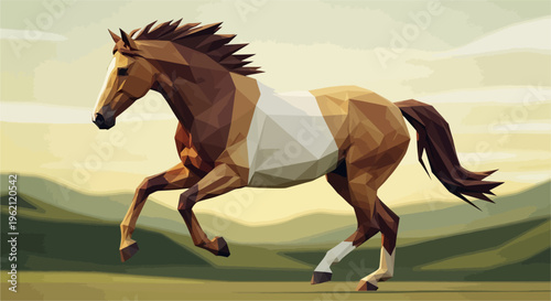 Stylized low poly horse with brown and white coat galloping across a serene landscape.