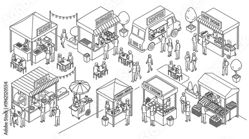Isometric outdoor food market with stalls selling diverse cuisine.