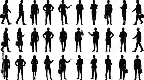 Grid of twenty‑five business professional silhouettes in formal attire, walking, standing, gesturing, holding briefcases, representing corporate workplace diversity, office communication, teamwork