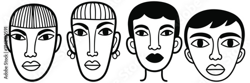 Four cartoon faces with different hairstyles and expressions