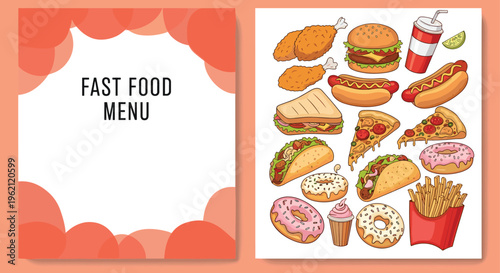 Large collection of colorful fast food illustrations including burgers, pizza, tacos, hot dogs, donuts, and french fries.
