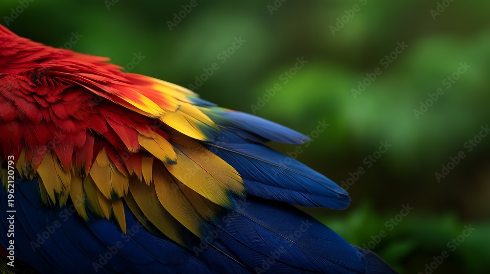 Obraz premium Scarlet macaw plumage with overlapping brilliant red feathers close up