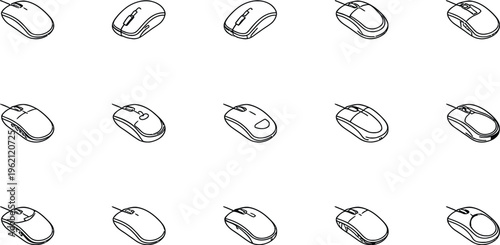Collection of diverse computer mouse outline illustrations showcasing various ergonomic designs for pointing and navigation input devices in technology