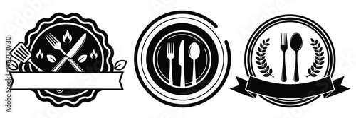 Vintage kitchen utensil logos with fork knife and spoon