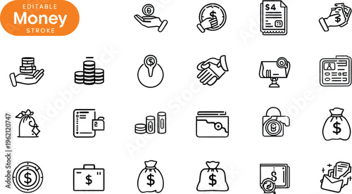 Collection of editable vector line icons representing various concepts related to finance money banking payment transactions and economic activity for web design