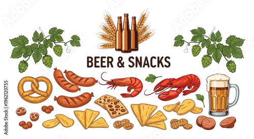 Extensive collection of beer snacks including pretzels, sausages, seafood, and chips alongside bottles and a mug of beer.