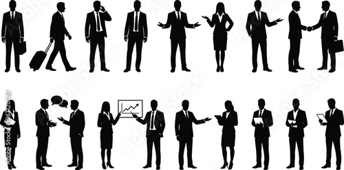 Silhouettes of business professionals in formal attire performing corporate tasks, including meetings, presentations, communication, teamwork, and office activities, representing workplace
