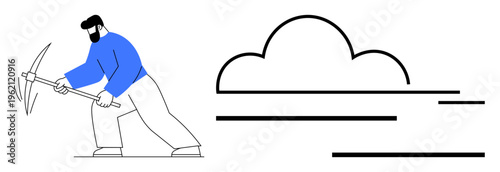 Cloud technology, digital data, resource extraction, internet storage, blockchain mining, data flow. A person with a pickaxe next to a cloud graphic. Cloud technology and digital data concept