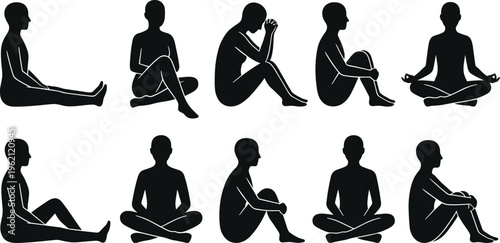 Silhouettes of ten individuals seated in varied meditative postures, cross‑legged and contemplative, representing mindfulness, relaxation, yoga practice, introspection, and spiritual 