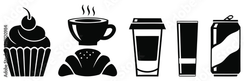 Black and white icons of baked goods and beverages