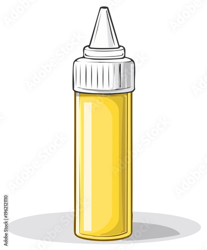 Yellow liquid filled squeeze bottle with white applicator tip and ribbed cap illustration