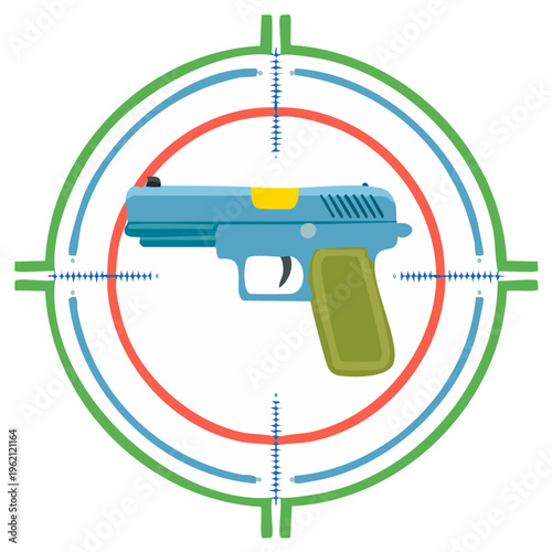Light blue handgun perfectly centered within a vibrant multi color crosshair target icon illustration