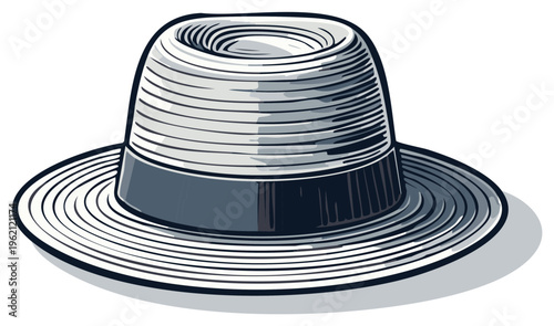 Classic Straw Hat Illustration in Artistic Line Art Style with Shading for Summer Fashion
