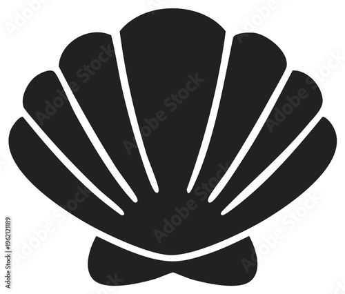 Simple Black Silhouette of a Seashell with Textured Ridges and Scalloped Edges