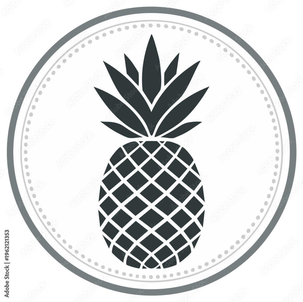 Obraz premium Iconic pineapple fruit silhouette within a decorative round frame, isolated on white