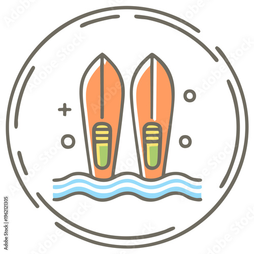 Water Skis Emblem with Wavy Lines and Abstract Shapes Inside a Circle