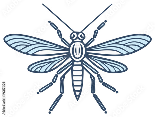 Stylized blue mosquito insect in a top down view line art illustration