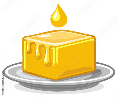 Golden Honey Block on Plate: Sweet Drop Falling, Dripping Natural Sweetener for Food or Cosmetic Use in Vector Illustration
