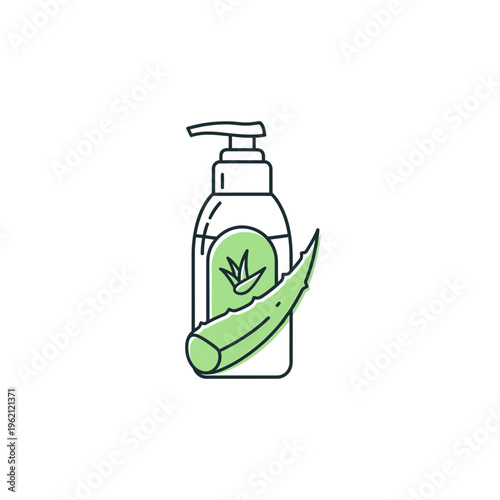 Vibrant aloe vera leaf with a modern dispenser bottle, perfect for natural skincare and beauty product concepts, illustrated in a clean color line icon style