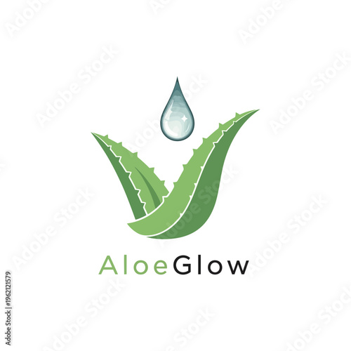 Vibrant Aloe Leaf Design with Refreshing Water Droplet, Embodying Natural Skincare, Health, and a Luminous Glow Essence for Beauty