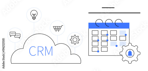 Business management, scheduling tools, CRM, customer interaction, efficiency, automation solutions. Cloud with CRM, calendar gear icons. Business management and scheduling tools concept
