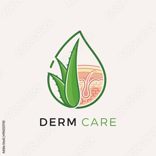 Derm Care Logo Aloe Vera Leaf Illustrating Skin Health and Hydration, Representing Natural Skincare Solutions