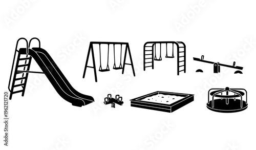Playground equipment silhouettes vector set with park play icons isolated on white background