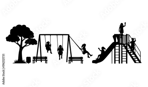 Playground scene silhouette vector with children playing in park isolated on white background