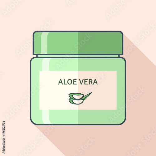 Modern flat design illustration of a green cosmetic jar containing natural aloe vera cream, symbolizing organic skincare, hydration, and wellness for healthy skin routines