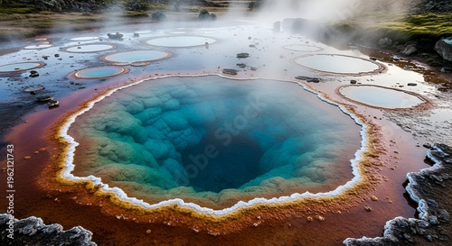 Multi-colored geothermal pool with steam rising from the water