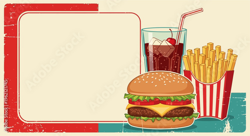 Retro fast food menu background with cheeseburger, french fries, and soda drink.