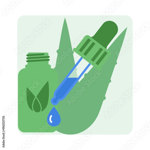 Aloe vera extract in dropper bottle with leaf silhouette background, natural beauty and skincare product concept
