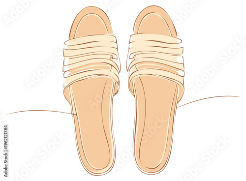 Top view of neutral colored slide sandals with thin crisscross straps