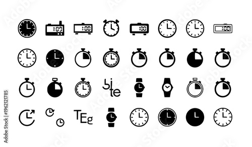 Clock silhouette icon set vector with time and watch symbols isolated on white background