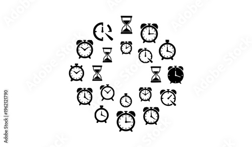 Time management icon collection vector with clock silhouettes in circular layout isolated on white background