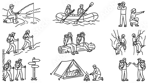 Outdoor recreation activities people fishing hiking rafting climbing camping.