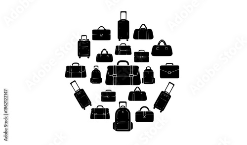 Travel luggage icon collection vector with suitcase silhouettes in circular layout isolated on white background