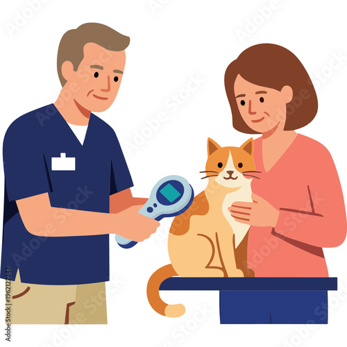 Veterinarian examines cat with owner at clinic table