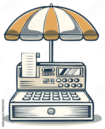 Illustration of a vintage cash register with an umbrella overhead, financial security concept