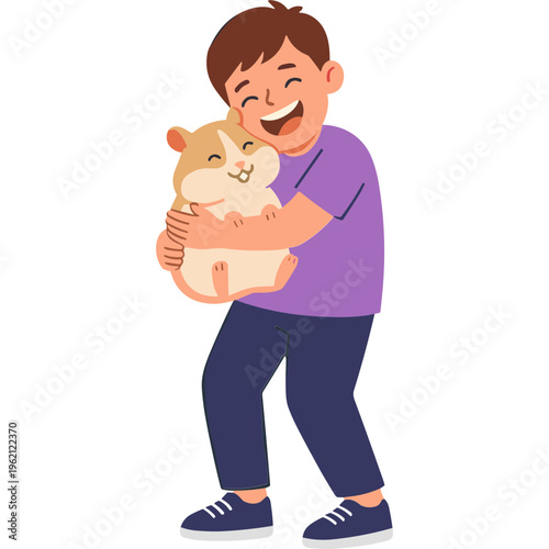 A young boy happily holds and cuddles a cute hamster indoors.