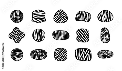 Zebra print elements vector set with black and white stripe patches isolated on white background